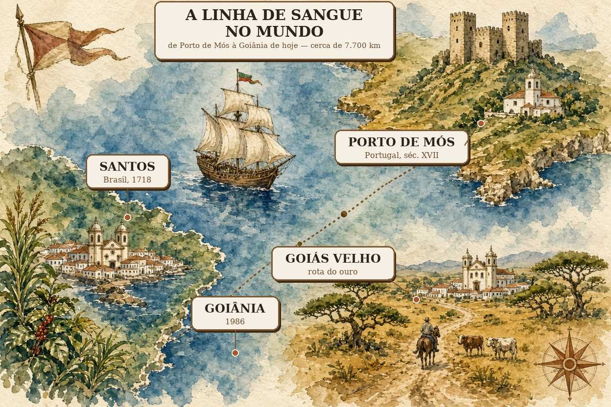 Mapa em aquarela: de Porto de Mós, Portugal, a Goiânia, Brasil — a travessia da família
